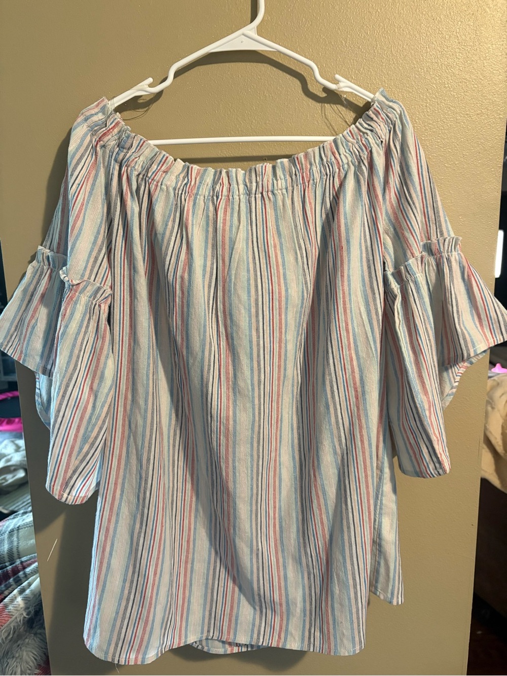 Vanilla Bay Striped Off-Shoulder Tunic in Light Blue and Pink